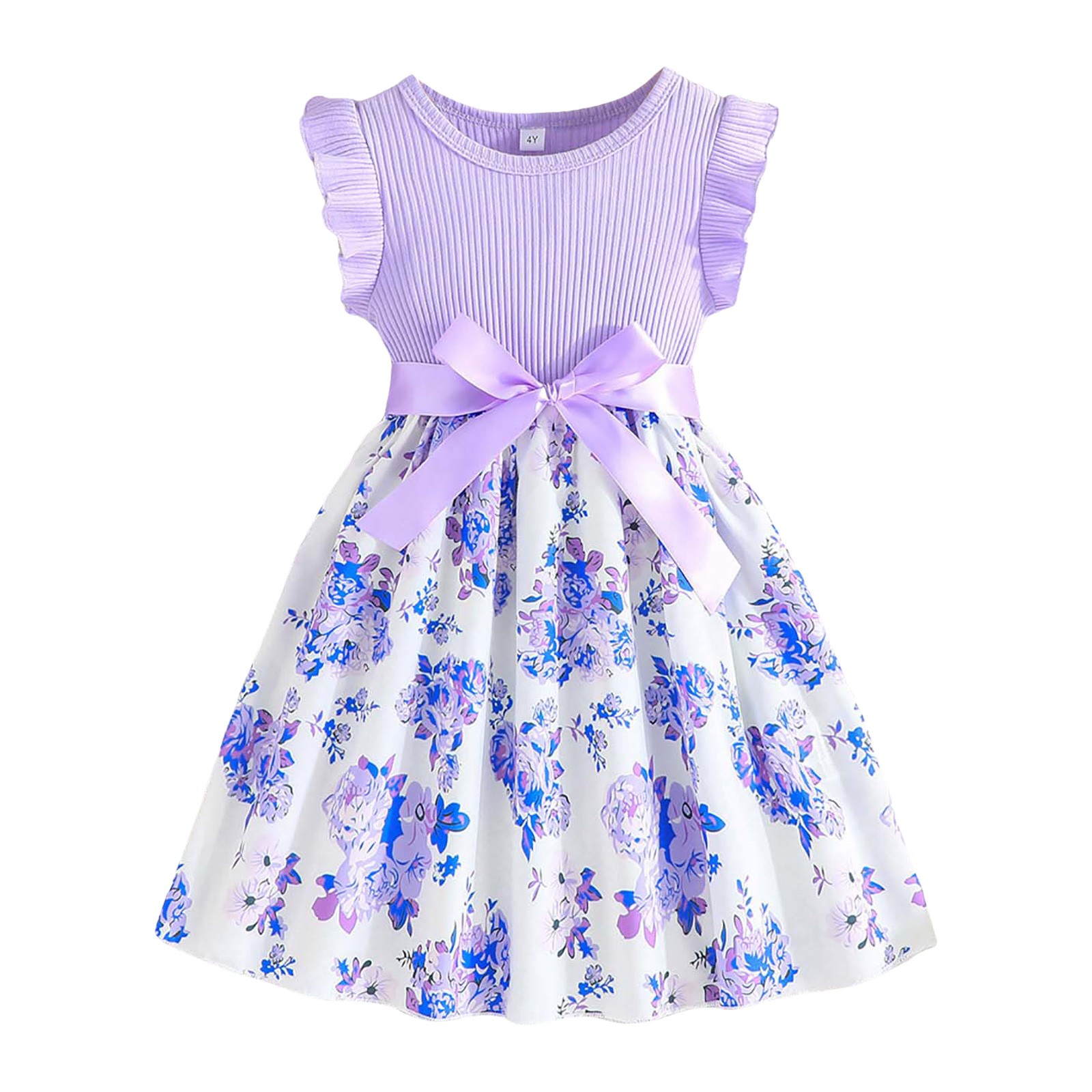 Girls Dress Easter Dress Girls Summer Dress Floral A-line Midi Dress(Purple,4-5 Years)